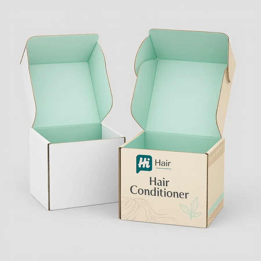 Two open cardboard mailer boxes with a vibrant mint green interior and cream-coloured branded exterior- class=